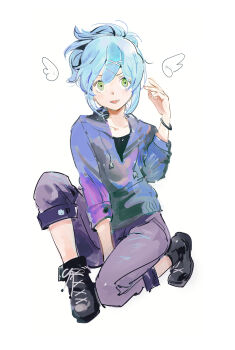  1girl angel_wings black_boots black_shirt blue_hair blue_hoodie boots bracelet cartoon_wings character_request chinese_commentary collarbone commentary_request copyright_request denim detached_wings fang full_body green_eyes hair_between_eyes hair_ornament hairclip hand_up high_ponytail highres hood hood_down hoodie jeans jewelry lace-up_boots long_sleeves mini_wings nengo on_one_knee open_mouth pants pocket ponytail purple_pants shirt short_hair_with_long_locks short_ponytail sidelocks simple_background smile solo tareme white_background wings x_hair_ornament 