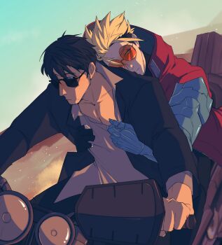  2boys black_hair blonde_hair closed_mouth coat commentary dark-skinned_male dark_skin english_commentary jacket karina_farek male_focus multiple_boys nicholas_d._wolfwood orange-tinted_eyewear pectoral_cleavage pectorals prosthesis prosthetic_arm red_coat sunglasses tinted_eyewear trigun trigun_stampede undercut vash_the_stampede yaoi 