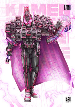  1boy absurdres armor artist_logo artist_name cape card character_name commentary_request decadriver duel_disk facing_viewer full_armor full_body highres holding holding_card holographic_interface kamen_rider kamen_rider_agito kamen_rider_blade kamen_rider_build kamen_rider_dcd kamen_rider_decade kamen_rider_decade_complete_form21 kamen_rider_den-o kamen_rider_double kamen_rider_drive kamen_rider_ex-aid kamen_rider_faiz kamen_rider_fourze kamen_rider_gaim kamen_rider_ghost kamen_rider_hibiki kamen_rider_kabuto kamen_rider_kiva kamen_rider_kuuga kamen_rider_ooo kamen_rider_ryuki kamen_rider_wizard kamen_rider_zero-one kamen_rider_zi-o logo male_focus pink_cape standing tokusatsu yangcongshu_shaonian yu-gi-oh! 