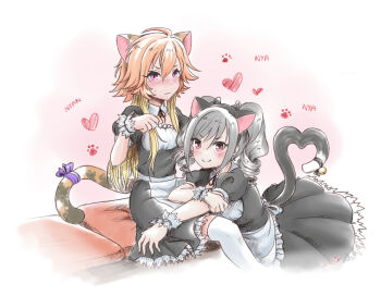  2girls animal_ears apron black_dress blush cat_ears cat_tail closed_mouth commentary dress drill_hair english_commentary grey_hair heart idolmaster idolmaster_cinderella_girls kanzaki_ranko looking_at_viewer mahoxyshoujo maid multiple_girls ninomiya_asuka orange_hair over-kneehighs paw_pose purple_eyes red_eyes sitting smile tail thighhighs twin_drills white_apron white_thighhighs 