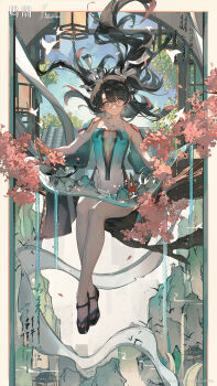  1girl absurdres aqua_dress aqua_eyes bare_shoulders black_shoes bodysuit breasts brown_hair commentary_request detached_sleeves dress earrings floating_hair full_body glasses gradient_clothes gradient_dress highres holding holding_paintbrush jewelry long_hair medium_breasts multicolored_eyes official_art paintbrush parted_lips pink_eyes second-party_source semi-rimless_eyewear shoes solo toto_(caaaaarrot) two-tone_eyes under-rim_eyewear very_long_hair white_bodysuit wuthering_waves yellow-framed_eyewear zhezhi_(wuthering_waves)  rating:Sensitive score:3 user:danbooru