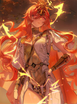  1girl absurdres ancient_greek_clothes arm_armor armor augusta_(wuthering_waves) breastplate breasts closed_mouth commentary dress earrings electricity greco-roman_clothes hair_between_eyes hand_on_own_hip happypuppy headgear highres jewelry long_hair looking_at_viewer medium_breasts orange_hair red_eyes solo sun_earrings sun_necklace thighs very_long_hair white_dress wuthering_waves 