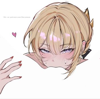  2girls astra_yao blending blonde_hair blush commentary commentary_request cunnilingus english_commentary evelyn_chevalier female_pov fingernails hair_between_eyes hand_on_another's_thigh heart highres implied_cunnilingus looking_at_viewer maria_(marymeow) meme mixed-language_commentary mole mole_under_eye multiple_girls negative_space negative_space_cunnilingus_(meme) oral paid_reward_available patreon_username pov purple_eyes red_nails silhouette simple_background sweat white_background yuri zenless_zone_zero 