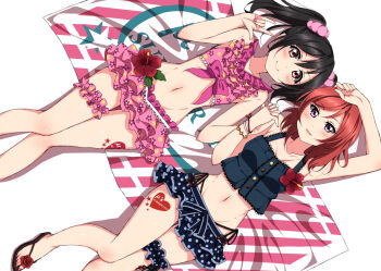  >:) 10s 2girls bad_id bad_pixiv_id black_hair body_blush bow bracelet breasts buttons collarbone fashion flip-flops floral_print flower frilled_thigh_strap frills fupe_(sealno108) groin hair_ornament hair_scrunchie holding_hands interlocked_fingers jewelry looking_at_viewer love_live! love_live!_school_idol_project lying m/ medium_breasts midriff miniskirt multiple_girls nail_polish navel nishikino_maki no_socks on_back open_mouth panties parted_lips pink_hair polka_dot polka_dot_skirt print_skirt purple_eyes red_eyes sandals scrunchie side-tie_panties skirt tattoo thigh_gap thigh_strap toenail_polish toenails toes twintails underwear v-shaped_eyebrows yazawa_nico  rating:Sensitive score:33 user:danbooru