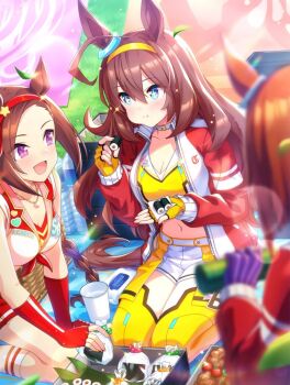 3girls ahoge animal_ears bento blue_eyes blush bottle braid braided_ponytail breasts brown_hair brown_tail chicken_(food) choker cleavage closed_mouth collarbone cropped_jacket cygames dot_nose ear_ornament eating female_focus fingerless_gloves flower-shaped_pupils flower_in_eye food food_in_mouth fried_chicken game_cg glass gloves hairband highres holding holding_food horse_ears horse_girl horse_tail ikuno_dictus_(umamusume) jacket jewelry kneeling legs long_hair long_sleeves medium_breasts mihono_bourbon_(mission_mental_nutrition)_(umamusume) mihono_bourbon_(umamusume) miniskirt multiple_girls necklace no_bra official_art onigiri open_mouth orange_hair outdoors picnic pink_eyes pleated_skirt purple_gloves red_gloves red_hairband red_jacket red_skirt red_track_suit sakura_bakushin_o_(red-hot_leader)_(umamusume) sakura_bakushin_o_(umamusume) short_hair shorts sitting skirt sleeveless sleeveless_jacket smile socks star_(symbol) star_in_eye symbol-shaped_pupils symbol_in_eye tail thighhighs thighs tomato tracen_training_uniform track_suit umamusume unzipped water water_bottle white_choker white_shorts white_socks yellow_gloves yellow_hairband yellow_socks yellow_thighhighs