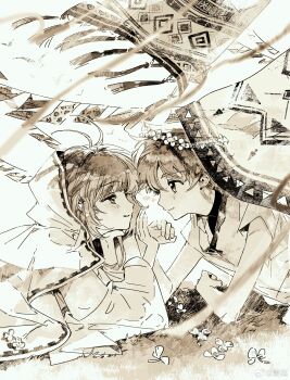  1boy 1girl absurdres antenna_hair ateveryone chinese_commentary cloak closed_mouth commentary_request embroidery eye_contact flower_wreath from_side hand_up head_rest head_wreath highres hood hood_up hooded_cloak light_blush long_sleeves looking_at_another lying monochrome on_grass on_stomach parted_lips profile sakura_hime sepia shirt short_hair short_sleeves sidelocks smile string_of_flags tassel tsubasa_chronicle upper_body watermark weibo_watermark wind xiaolang 