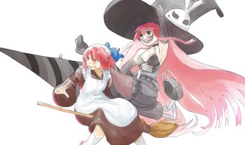  2girls absurdres apron armpits baggy_shorts beffen_m belt black_eyes black_gloves blue_bow bow breasts broom broom_riding brown_dress cleavage closed_umbrella crazy crazy_eyes crazy_smile dress drill elbow_gloves glasses gloves hair_bow hand_on_headwear hat high_heels highres japanese_clothes kohaku_(tsukihime) leotard long_hair long_sleeves loose_belt maid melty_blood multiple_belts multiple_girls open_mouth orange_eyes pink_hair semi-rimless_eyewear short_hair simple_background small_breasts smile socks tsukihime umbrella umbrella_riding under-rim_eyewear under_night_in-birth uzuki_(under_night_in-birth) very_long_hair wa_maid white_apron white_background white_socks wide_sleeves witch_hat 