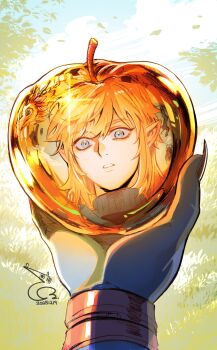  1boy absurdres apple baehee5502 blonde_hair colored_skin commentary_request dated fingernails food fruit golden_apple grey_skin hair_between_eyes highres holding holding_food holding_fruit korean_commentary link looking_at_reflection male_focus medium_hair nintendo outdoors parted_lips pointy_ears ribbed_sweater sharp_fingernails sidelocks solo sweater the_legend_of_zelda the_legend_of_zelda:_tears_of_the_kingdom turtleneck turtleneck_sweater wide-eyed 