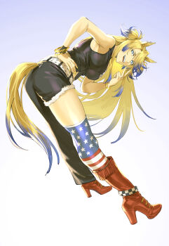  1girl absurdres american_flag_legwear animal_ears armpits asymmetrical_pants belt black_pants blonde_hair blue_eyes blue_hair bracelet breasts colored_inner_hair ear_ornament full_body gold_bracelet gradient_background hand_on_own_hip highres horse_ears horse_girl horse_tail jewelry leaning_forward long_hair looking_at_viewer medium_breasts multicolored_hair nail_polish obey_your_master_(umamusume) open_mouth pants ruukii_drift shirt sleeveless sleeveless_shirt smile solo streaked_hair studded_belt tail two_side_up umamusume umamusume:_cinderella_gray v very_long_hair white_belt yellow_nails 