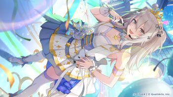  1girl :d absurdres ahoge animal_ears balloon blue_bow blue_bowtie blue_corset boots bow bowtie breasts cleavage commentary_request concert confetti corset detached_collar double-parted_bangs dress gold_tiara grey_eyes grey_hair hair_between_eyes hand_on_own_hip hand_up headset highres hololive hololive_dreams large_breasts lion_ears lion_girl lion_tail long_hair looking_at_viewer official_alternate_costume official_art open_mouth shishiro_botan sidelocks sleeveless sleeveless_dress smile solo standing tail thigh_boots two_side_up vest virtual_youtuber white_boots white_dress white_vest wrist_cuffs 