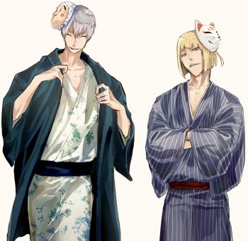  2boys absurdres adjusting_clothes bleach blonde_hair blunt_bangs closed_eyes closed_mouth commentary_request cowboy_shot crossed_arms fox_mask grey_hair hair_between_eyes highres hirako_shinji hyottoko_mask ichimaru_gin japanese_clothes looking_at_viewer male_focus mask mask_on_head multiple_boys parted_lips short_hair siji105 simple_background teeth white_background 