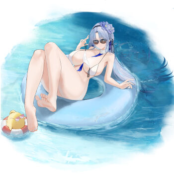  1girl absurdres afloat alsace_(azur_lane) alsace_(heat_beating_summer_sacrament)_(azur_lane) azur_lane barefoot between_breasts bikini black_hairband blue_eyes blue_hair blue_nails blue_necktie bottomless breasts chinese_commentary commentary_request convenient_leg curvy detached_collar flower hair_flower hair_ornament hairband half_updo halterneck highres holding holding_swimsuit holding_unworn_clothes huge_breasts manjuu_(azur_lane) nail_polish necktie necktie_between_breasts official_alternate_costume official_alternate_hairstyle on_innertube soles solo string_bikini sunglasses suo_bu_ye_feng swimsuit toenail_polish toenails unworn_bikini_bottom unworn_swimsuit water white_bikini 