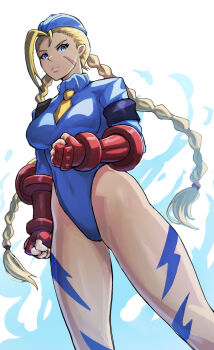  1girl blonde_hair braid breasts cammy_white fingerless_gloves gloves hat highleg highleg_leotard highres large_breasts leotard long_sleeves necktie scar scar_on_face simple_background stickiezblue street_fighter street_fighter_zero_(series) 