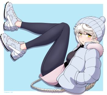  1girl absurdres asymmetrical_hair black_leggings black_sweater blue_coat braid braided_ponytail breasts coat commentary_request cypress_(hinokidou) highres kantai_collection knit_hat large_breasts leggings long_hair looking_at_viewer miniskirt pink_skirt shoes single_braid skirt solo sweater unryuu_(kancolle) very_long_hair wavy_hair white_hair winter_clothes winter_coat yellow_eyes 