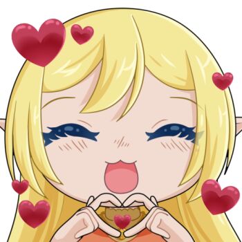  1girl :3 blonde_hair blush chibi commission commissioner_upload elf emoji emoticon facing_viewer heart heart_hands long_hair lotte_farona lowres official_art open_mouth orange_shirt pointy_ears selinanovalight shirt smile solo tagme ways_of_darkness_(series) 