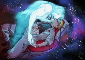  2boys abs absurdres alternate_costume blonde_hair blush cable clothes_lift cloud_strife commentary commission english_commentary final_fantasy final_fantasy_vii grey_hair hand_on_another's_cheek hand_on_another's_face highres holding_hands hologram imminent_kiss jinrozenrot long_hair lying male_focus multiple_boys on_back open_mouth sephiroth shirt_lift short_hair sky space spiked_hair star_(sky) starry_sky topless_male yaoi 