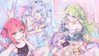  0202ase 4girls ahoge aokumo_rin blue_eyes blush breasts chips_(food) cleavage curtains eating fang food green_eyes green_hair hair_intakes hanako_nana highres long_hair medium_breasts multiple_girls navel nintendo_switch_2 open_mouth pink_hair potato_chips purple_hair second-party_source short_shorts shorts skin_fang small_breasts smile sparkling_eyes stroking_hair stuffed_animal stuffed_toy tenko_shibuki v white_hair yellow_eyes yuzuha_riko 