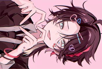 1boy ahoge black_jacket black_necktie blue_eyes braid broken_heart broken_heart_hair_ornament brown_hair cherry_sticker closed_mouth commentary_request four-finger_heart_hands hair_between_eyes hair_ornament hairclip heart heart_hair_ornament heart_hands heart_sticker highres jacket male_focus multicolored_hair necktie nijisanji open_clothes open_jacket parted_bangs pink_background portrait saegusa_akina saegusa_akina_(6th_costume) side_braid sideways simple_background sinoda1440 solo sticker sticker_on_face straight-on streaked_hair tongue tongue_out virtual_youtuber