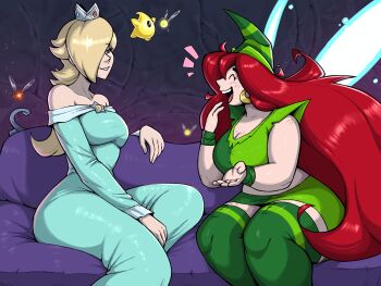  2girls absurdres betilla_(rayman) blonde_hair blue_eyes breasts cleavage crown curvy dress earrings eliphusz fairy fairy_wings female_focus freckles hair_over_one_eye highres jewelry large_breasts long_hair looking_at_another luma_(mario) mario_(series) multiple_girls nintendo off-shoulder_dress off_shoulder plump rayman_(series) red_hair rosalina sitting super_mario_galaxy thick_thighs thighhighs thighs very_long_hair wings  rating:General score:1 user:catonfire26
