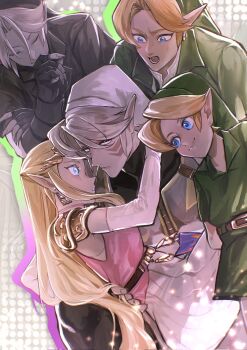  1girl 4boys armor belt black_gloves black_hat black_shirt black_tunic blank_eyes blonde_hair blue_eyes breastplate closed_eyes commentary corrupted_twitter_file curtained_hair dark_link dark_persona dress earrings elbow_gloves facial_mark fierce_deity fingerless_gloves fingernails gloves green_hat green_tunic grey_hair hand_on_another's_back hand_to_own_mouth hashtag-only_commentary hat headpiece highres jewelry leather leather_gloves link long_hair looking_at_another multiple_boys multiple_persona nintendo open_mouth parted_lips phrygian_cap pointy_ears polka_dot polka_dot_background princess_zelda sharp_fingernails shirt short_hair shoulder_pads smile sparkle sparkling_aura sweatdrop the_legend_of_zelda the_legend_of_zelda:_majora's_mask the_legend_of_zelda:_ocarina_of_time time_paradox togenasi_furiko tunic very_long_hair white_hat white_shirt young_link 