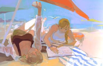  2girls alternate_costume arm_up bare_arms bare_legs bare_shoulders barefoot beach beach_towel beach_umbrella bird black_bra blonde_hair blue_sky bra bracelet braid breasts closed_eyes closed_mouth colored_eyelashes covered_collarbone crop_top crossed_ankles day dungeon_meshi elf falin_touden falin_touden_(tallman) full_body green_eyes green_shorts hair_over_shoulder happy hashtag-only_commentary highres holding holding_shell innertube jacket jewelry large_breasts light_particles long_hair long_sleeves longlonggui lying marcille_donato midriff miniskirt multiple_girls ocean on_back on_side open_clothes open_jacket open_mouth outdoors pointy_ears reading seagull see-through_clothes see-through_jacket shell shirt short_hair short_shorts shorts single_braid skirt skirt_set sky sleeveless sleeveless_shirt smile swim_ring towel umbrella underwear white_jacket white_shirt white_skirt 