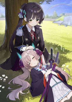  2girls absurdres black_hair black_jacket black_thighhighs blue_sky blunt_bangs blunt_ends blush buttons closed_eyes closed_mouth collared_shirt commentary cowboy_shot day double-breasted flower grass green_eyes hair_intakes hair_ribbon hair_spread_out headpat heaven_burns_red highres holding holding_sword holding_weapon jacket katana lap_pillow long_hair long_sleeves looking_at_another looking_down lying miniskirt multiple_girls natsume_inori neck_ribbon ogasawara_hisame on_back on_grass open_clothes open_jacket outdoors parted_lips pleated_skirt ponytail purple_ribbon rainbow red_ribbon ribbon rinki_oohen school_uniform shirt sidelocks skirt sky sleeping sleeping_on_person smile split_mouth sword thighhighs tree twintails under_tree very_long_hair weapon white_flower white_shirt white_skirt wide_sleeves yuri zettai_ryouiki 