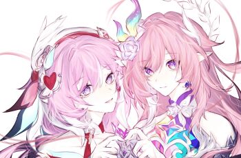  bare_shoulders beret company_connection cyrene_(demiurge)_(honkai:_star_rail) cyrene_(honkai:_star_rail) diamond-shaped_pupils diamond_(shape) earrings elf elysia_(hi_love_elf)_(honkai_impact) elysia_(honkai_impact) flower hair_flower hair_ornament halo hat heart heart_earrings heart_hands heart_hands_duo highres honkai:_star_rail honkai_(series) honkai_impact_3rd in-franchise_crossover inoue_marina jewelry long_hair looking_at_viewer multicolored_hair parted_lips pink_hair pointy_ears purple_eyes simple_background symbol-shaped_pupils two-tone_hair very_long_hair voice_actor_connection white_background white_hair yanning yhxiaoyu 