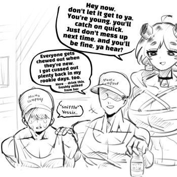  2boys 2girls animal_ears bell breasts commentary cow_ears cow_girl cow_horns cowbell english_commentary english_text greyscale highres horns jacket large_breasts minotaur monochrome monster_girl multiple_boys multiple_girls muscular muscular_female muscular_male oligogi_meoggosipda open_clothes open_jacket 