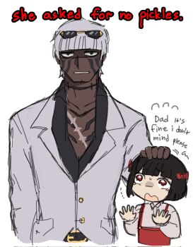  1boy 1girl aged_down black_hair bow commentary dark-skinned_male dark_skin english_commentary english_text eyewear_on_head formal_clothes hair_bow highres limbus_company matthias_(project_moon) project_moon red_eyes ryoshu_(project_moon) scar smthchie suit sunglasses sweat tears white_hair 