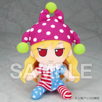  1girl american_flag blonde_hair clown clownpiece doll dress ears ears_visible_through_hair fairy fairy_wings flag_print fumo_(doll) hat highres jester_cap marble_background multicolored_dress neck_ruff official_art pants photo_(medium) polka_dot polka_dot_background polka_dot_headwear purple_hat red_eyes reflective_floor sample_watermark short_sleeves sitting smile smug star_(symbol) star_print striped_clothes striped_pants stuffed_doll stuffed_toy touhou watermark wavy_hair wings  rating:General score:2 user:Moonman