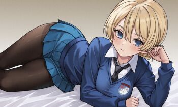  1girl aadka5 arm_support black_necktie black_pantyhose blonde_hair blue_eyes blue_skirt blush braid breasts closed_mouth darjeeling_(girls_und_panzer) emblem girls_und_panzer large_breasts looking_at_viewer miniskirt necktie pantyhose school_uniform skirt smile solo st._gloriana's_(emblem) st._gloriana's_school_uniform  rating:Sensitive score:21 user:danbooru