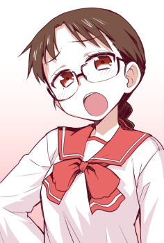  1girl bow bowtie braid brown_hair commentary_request gradient_background heebee hoshina_tomoko long_hair looking_at_viewer open_mouth pink_background pink_bow pink_bowtie pink_eyes pink_sailor_collar sailor_collar school_uniform serafuku shirt solo to_heart to_heart_(series) two-tone_background upper_body white_background white_shirt 