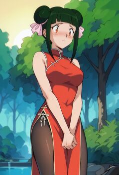 1girl ai-generated blush breasts cassandra_(pokemon) changshan chinese_clothes green_hair hair_buns hand_on_own_hand looking_down nintendo orange_eyes pantyhose pokemon pokemon_(anime) pokemon_(classic_anime) pokemon_ep044 qipao_dress