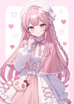  1girl animal_bag artist_request bag beret border bow braid buttons cape capelet checkered_background collar commentary_request cowboy_shot cross-laced_clothes cross-laced_dress dress frilled_collar frills hair_bow hand_up hat heart heart_background highres himesaki_neru indie_virtual_youtuber lapels light_blush long_sleeves looking_at_viewer neck_ribbon outline outside_border pink_border pink_capelet pink_ribbon puffy_long_sleeves puffy_sleeves ribbon second-party_source shoulder_bag side_braid simple_background smile solo virtual_youtuber white_bow white_dress white_hat white_outline white_trim yellow_eyes 