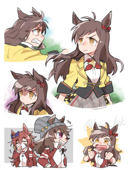  +++ 3girls ahoge animal_ears beanie beer_hsk black_vest blue_ribbon bow brown_eyes brown_hair buena_vista_(old_design)_(umamusume) character_request chibi clenched_hands clenched_teeth closed_eyes closed_mouth collared_shirt commentary_request cropped_jacket dress_shirt ear_bow ear_ribbon ears_through_headwear grey_skirt grin gym_shirt hair_between_eyes hat highres horse_ears horse_girl horse_tail jacket mask mouth_mask multiple_girls nakayama_festa_(umamusume) orfevre_(old_design)_(umamusume) plaid_clothes plaid_skirt profile purple_eyes red_bow red_jacket ribbon shirt short_sleeves skirt smile tail tears teeth track_jacket twitter_username umamusume v-shaped_eyebrows vest wavy_mouth white_shirt yellow_jacket 