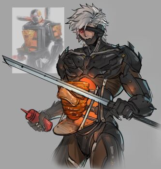  1boy chalkolates cowboy_shot cyborg doner_kebab doner_sandwich eyepatch food highres katana ketchup_bottle marvel meme metal_gear_(series) metal_gear_rising:_revengeance metal_gear_solid raiden_(metal_gear) red_eyes reference_inset rotisserie shawarmachine_(meme) short_hair solo sword vertical_rotisserie war_machine weapon white_hair 
