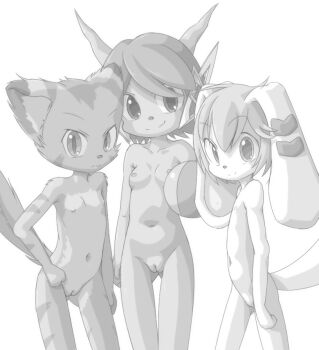  3girls animal animal_ears breasts carol_tea cat cat_ears cat_girl cat_tail collarbone dog dog_ears dog_girl dog_tail dragon dragon_girl dragon_horns flat_chest freedom_planet freedom_planet_2 furry galaxytrail hand_on_own_hip headgear horns loli looking_at_viewer milla_basset monochrome multiple_girls navel nipples nude pussy sakuramoto sash_lilac short_hair small_breasts smile standing tail 