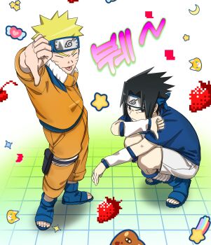  2boys absurdres bandaged_leg bandages black_hair blonde_hair blue_headband blue_shirt blue_shoes closed_eyes commentary facial_mark frown furrowed_brow headband highres jacket jumpsuit konohagakure_symbol male_focus multiple_boys naruto_(classic) naruto_(series) okbdko123 open-toe_shoes orange_jacket orange_jumpsuit orange_pants pants parted_bangs pouch shirt shoes short_hair shorts spiked_hair squatting standing thigh_pouch thumbs_down tile_floor tiles tongue tongue_out uchiha_sasuke untranslatable_commentary uzumaki_naruto whisker_markings white_shorts white_sleeves 
