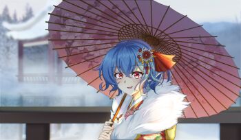  1girl absurdres architecture blue_hair blurry blurry_background commentary_request devilmaysong east_asian_architecture fang fence fog fur_collar hair_ornament highres holding holding_umbrella japanese_clothes kanzashi kimono oil-paper_umbrella open_mouth outdoors pointy_ears red_eyes remilia_scarlet short_hair shrine smile solo touhou umbrella 