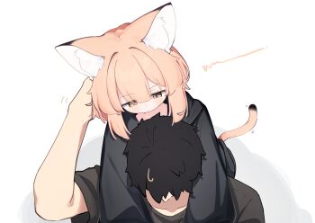  1boy 1girl animal_ear_fluff animal_ears arm_up black_hair black_hoodie black_shirt blush brown_eyes brown_hair cat_ears cat_girl cat_tail closed_mouth commentary hair_between_eyes highres hood hood_down hoodie original riya_(01214) shirt short_sleeves simple_background symbol-only_commentary tail white_background 