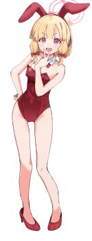 1girl absurdres alternate_costume animal_ear_headphones animal_ears bare_shoulders blonde_hair blue_archive bow bowtie commentary_request detached_collar fake_animal_ears flat_chest full_body hair_bow halo hand_on_own_hip headphones high_heels highres leotard looking_at_viewer medium_hair momoi_(blue_archive) open_mouth oversized_breast_cup pink_eyes pink_halo playboy_bunny rabbit_ears red_bow red_bowtie red_leotard smile solo standing strapless strapless_leotard transparent_background w w_over_mouth yucblossom rating:Sensitive score:15 user:danbooru