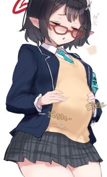  1girl armband ayane_(blue_archive) black_hair bloated blue_archive cardigan closed_eyes collared_shirt commentary cowboy_shot full_stomach halo hands_on_own_stomach long_sleeves parted_lips pleated_skirt raised_inner_eyebrows red-framed_eyewear red_halo school_uniform shirt short_hair skirt untranslatable_commentary utopia_(utopiavl) white_background white_shirt yellow_cardigan 