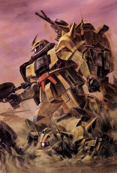  1980s_(style) box_art commentary_request desert explosive finger_on_trigger glowing glowing_eye grenade gun gundam gundam_msv highres holding holding_grenade holding_gun holding_weapon ishibashi_ken'ichi mecha mecha_focus military_vehicle mobile_suit motor_vehicle official_art oldschool one-eyed radio_antenna red_eyes retro_artstyle robot sand scan science_fiction shoulder_spikes spikes standing tank third-party_source weapon zaku_desert_type zeon 