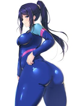 1girl ass blush bodysuit breasts cowboy_shot diving_suit female_focus from_side full_body half-closed_eyes hand_on_own_hip high_ponytail highres horse_tail legs_apart long_hair looking_at_viewer love_live! love_live!_sunshine!! matsuura_kanan medium_breasts one-piece_swimsuit parted_bangs ponytail purple_eyes purple_hair shinonon_(iso_shino) sideways_mouth simple_background skin_tight smile solo standing swept_bangs swimsuit tail thick_thighs thighs wetsuit white_background rating:Questionable score:30 user:danbooru