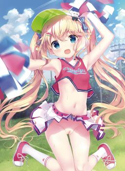  1girl :d arm_up armpits bare_arms bare_shoulders belt blonde_hair blue_eyes blue_sky blurry bow breasts cheerleader cleft_of_venus clothes_lift cloud cloudy_sky collarbone contrail crop_top day dengeki_moeoh detexted exhibitionism female_focus hair_bow hair_ornament hairclip highres holding holding_pom_poms kimishima_ao knees_together_feet_apart loli long_hair looking_at_viewer midair midriff miniskirt navel no_panties nude_filter open_mouth outdoors pleated_skirt pom_pom_(cheerleading) pom_poms public_indecency pussy red_shirt scan shirt shoes skirt skirt_lift sky sleeveless sleeveless_shirt small_breasts smile sneakers socks solo star_(symbol) stomach striped_bow sweat thighs third-party_edit twintails uncensored very_long_hair visor_cap white_skirt white_socks  rating:Explicit score:237 user:MoveToEx