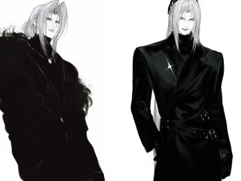  1boy alternate_costume black_coat black_gloves black_hat black_sweater closed_mouth coat commentary cowboy_shot final_fantasy final_fantasy_vii fur-trimmed_coat fur_trim gloves grey_hair hair_up hat hayashishisou highres jewelry long_hair long_sleeves looking_at_viewer multiple_boys multiple_views necklace parted_lips sephiroth simple_background sweater symbol-only_commentary turtleneck turtleneck_sweater white_background 