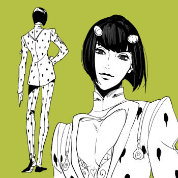  1boy black_hair bob_cut bruno_bucciarati commentary_request green_background greyscale_with_colored_background jojo_no_kimyou_na_bouken moru_moru_moru short_hair simple_background solo vento_aureo zipper zipper_pull_tab 