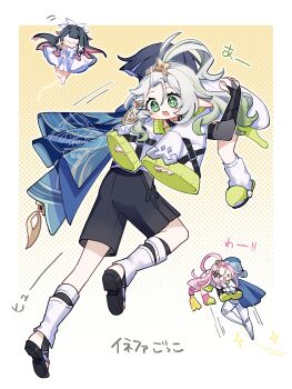  >_< 1boy 4girls absurdres ahoge aino_(genshin_impact) aino_(genshin_impact)_(cosplay) alternate_hairstyle armor bangs_pinned_back barefoot belt belt_buckle black_belt black_hair black_sandals black_shirt black_shorts blue_cape blue_hair blue_hat blunt_bangs blunt_ends blunt_tresses blush border bow bowtie bridal_gauntlets buckle cape carrying_over_shoulder center-flap_bangs clothing_cutout coat colored_inner_hair columbina_(genshin_impact) commentary_request cosplay cross-shaped_pupils doll_joints dress eye_mask eyelashes facing_to_the_side floating flying genshin_impact gold gold_ring green_eyes green_slippers green_trim grey_bridal_gauntlets hair_between_eyes hair_bun hair_ornament hair_ribbon hair_tubes hairclip hakama hakama_shorts hand_on_another's_back hat head_wings heart heart_hair_ornament highres hip_vent huge_ahoge ineffa_(genshin_impact) japanese_armor japanese_clothes joints kote kurokote lab_coat large_forehead leg_warmers levitation long_hair mask mechanical_legs mechanical_tail middle_ring multicolored_hair multiple_girls multiple_wings nahida_(genshin_impact) nurse_cap o-ring oishii_sasa open_hands open_mouth outstretched_arms pink_hair pink_socks pleated_shorts pointy_ears purple_hair ribbed_sleeves ribbon robot_girl sandals scaramouche_(genshin_impact) screw_hair_ornament shirt shorts side_cape sidelocks single_hair_bun sleeve_belt sleeves_past_fingers sleeves_past_wrists slippers socks stirrup_legwear symbol-shaped_pupils tail tareme toeless_legwear tress_ribbon twitter_username undershirt very_long_hair wanderer_(genshin_impact) watermark white_border white_bow white_bowtie white_coat white_dress white_leg_warmers white_mask white_ribbon white_sleeves white_socks white_trim white_wings wide_sleeves wing_hair_ornament wings x_hair_ornament yellow_background zouri 