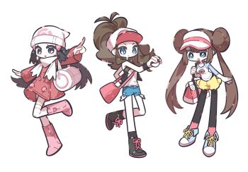  3girls animal_hat bag bare_shoulders baseball_cap black_boots black_hair black_pantyhose black_socks black_vest blue_eyes blue_shoes blue_shorts boots breasts brown_hair cat_hat closed_mouth coat commentary dawn_(pokemon) denim denim_shorts double_bun full_body grey_eyes hair_between_eyes hair_bun hat highres hilda_(pokemon) holding holding_poke_ball long_hair medium_breasts multiple_girls nintendo open_mouth outstretched_arms pantyhose pink_boots pink_socks poke_ball pokemon pokemon_bw pokemon_bw2 pokemon_dppt pokemon_platinum ponytail red_bag red_coat rosa_(pokemon) scarf shirt shoes shorts shoulder_bag sidelocks smile socks thighhighs twintails untranslatable_commentary vest white_background white_bag white_hair white_scarf white_shirt white_thighhighs yellow_shorts znal_km 