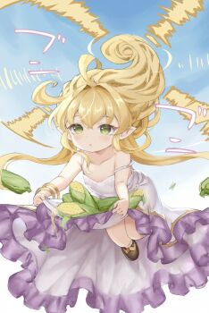 1girl ahoge bare_shoulders blonde_hair blush commentary_request corn corn_cob dress flat_chest flying granblue_fantasy green_eyes harvin helicopter_hair highres long_hair m-eine melissabelle parted_lips pointy_ears prehensile_hair solo strap_slip very_long_hair white_dress 